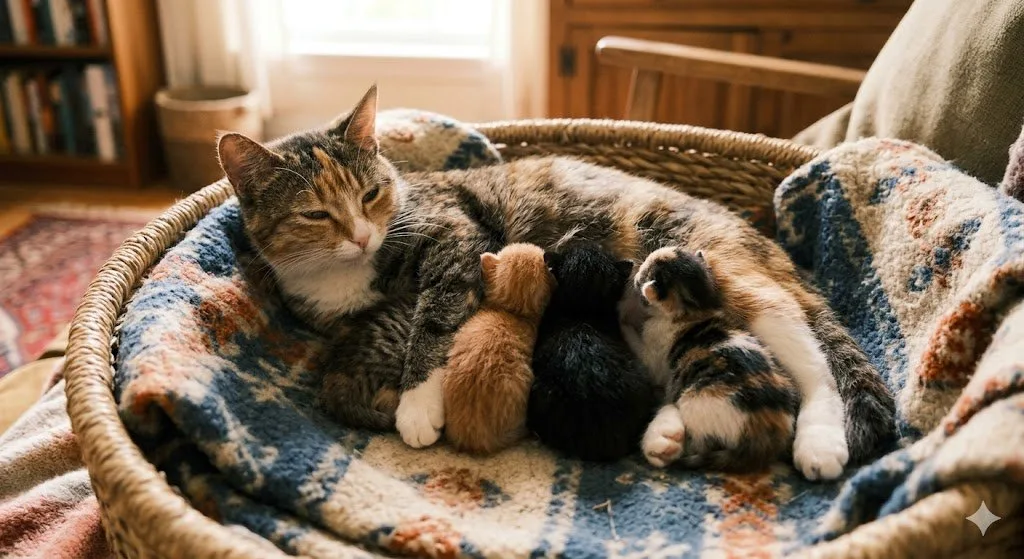 Luna, a tabby cat, nursing her three kittens in a cozy basket in a Yuma foster home