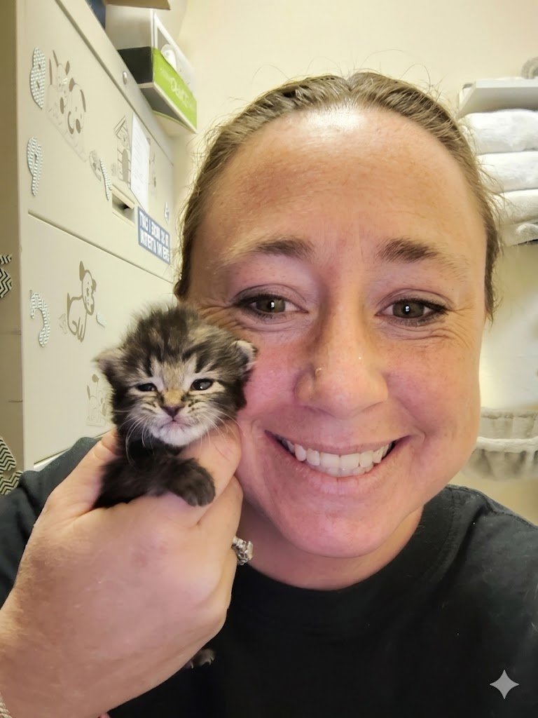 Megan Springer, founder of Homeward Bound Animal Rescue, holding a rescued kitten
